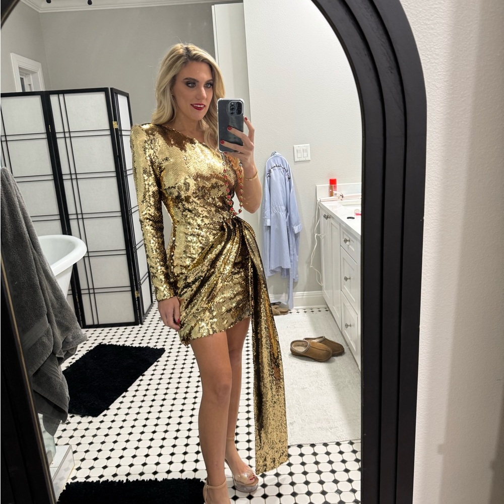 NADINE MERABI Gold Sequin Mini Dress